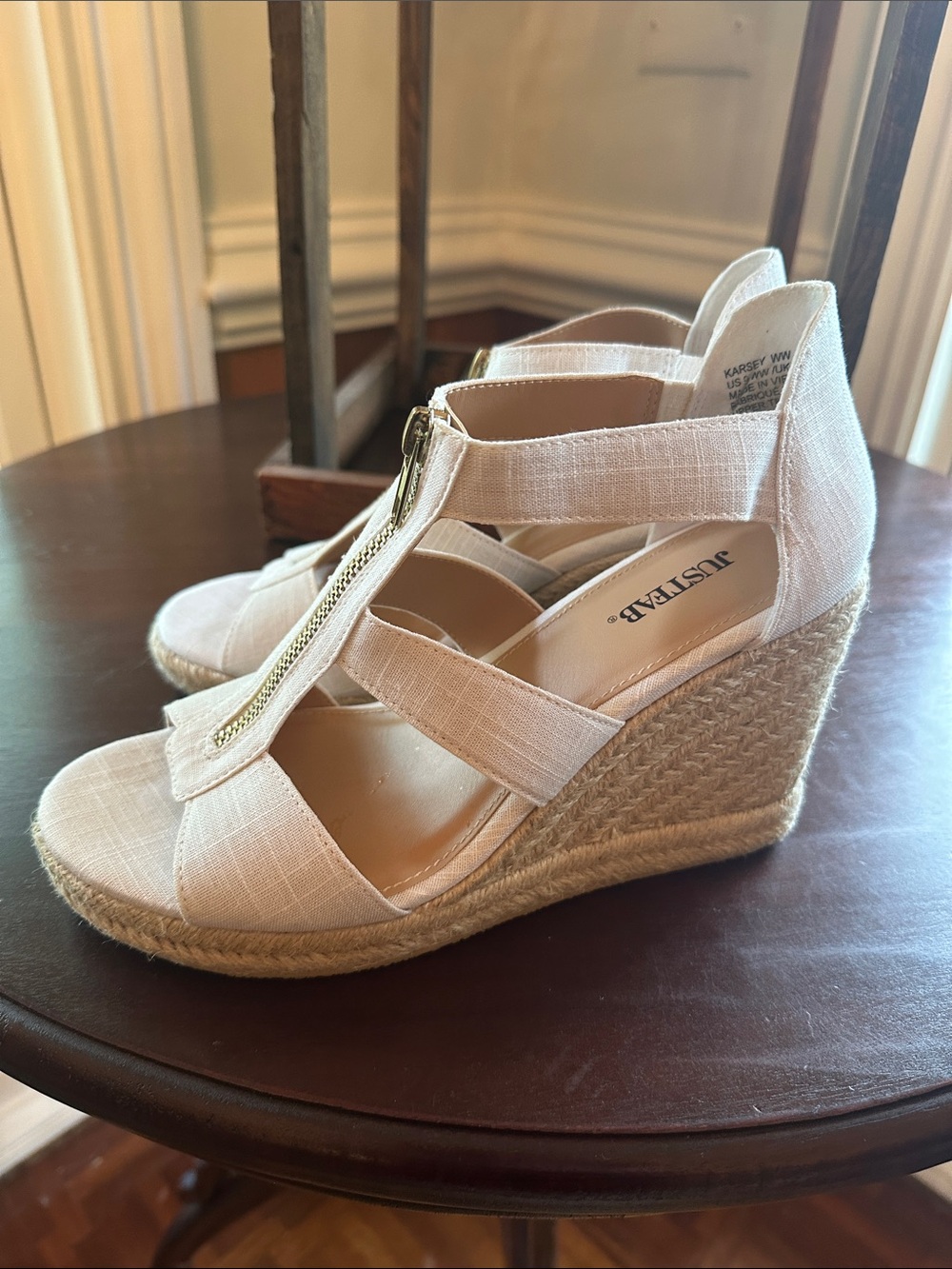 JustFab Cream Espadrille Wedge Sandals with Gold Zip Detail